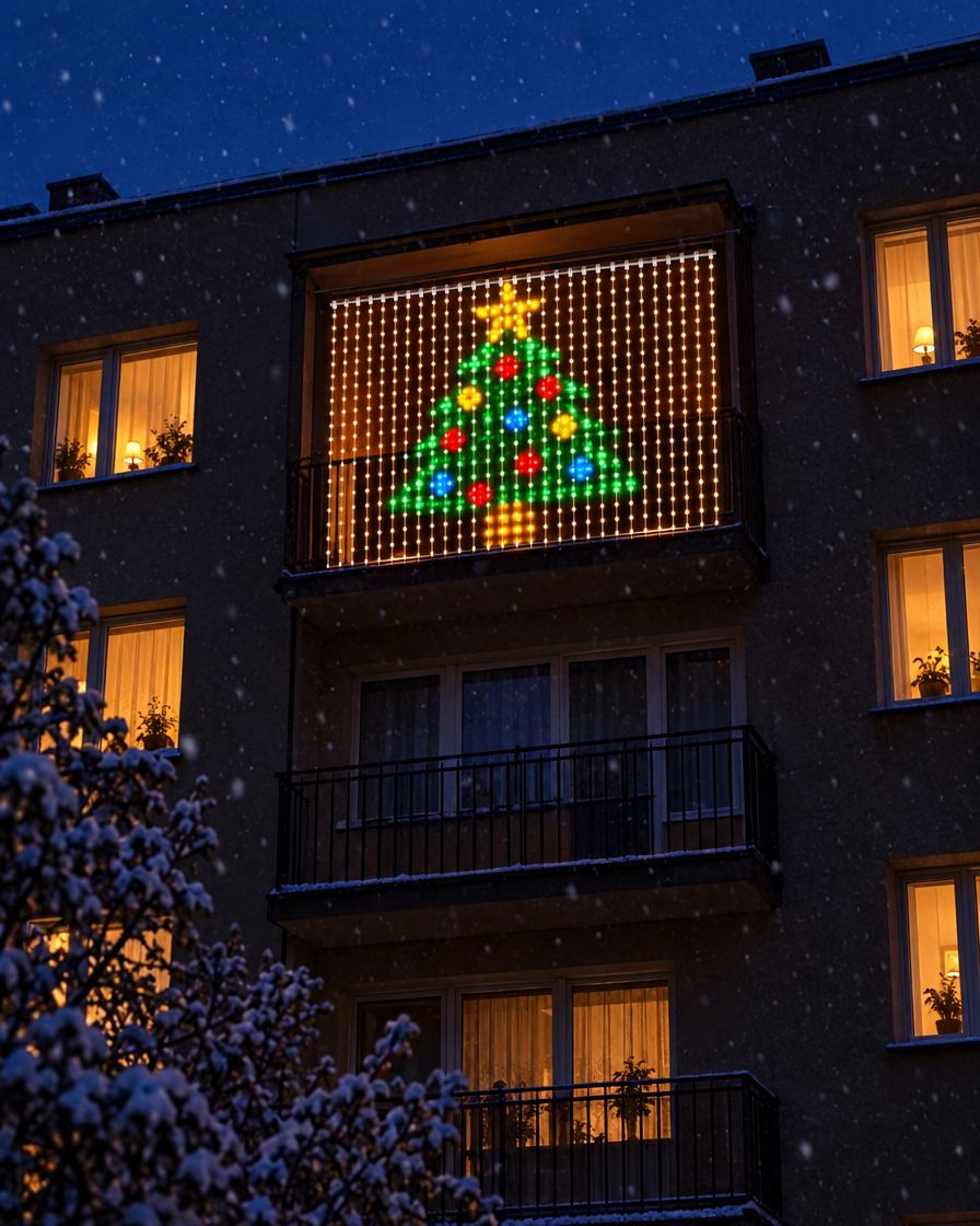 Kurtyna z choinką na balkonie w bloku
