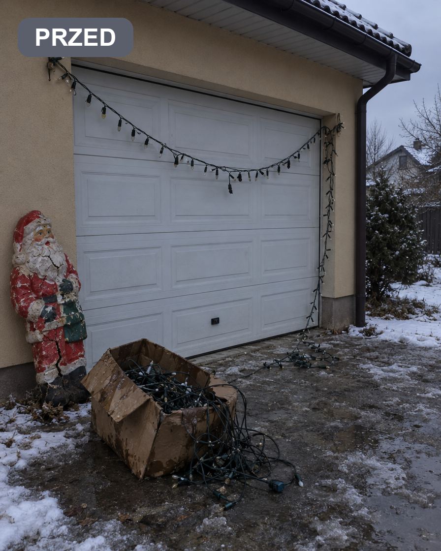 Przed: splątane stare lampki na bramie garażowej